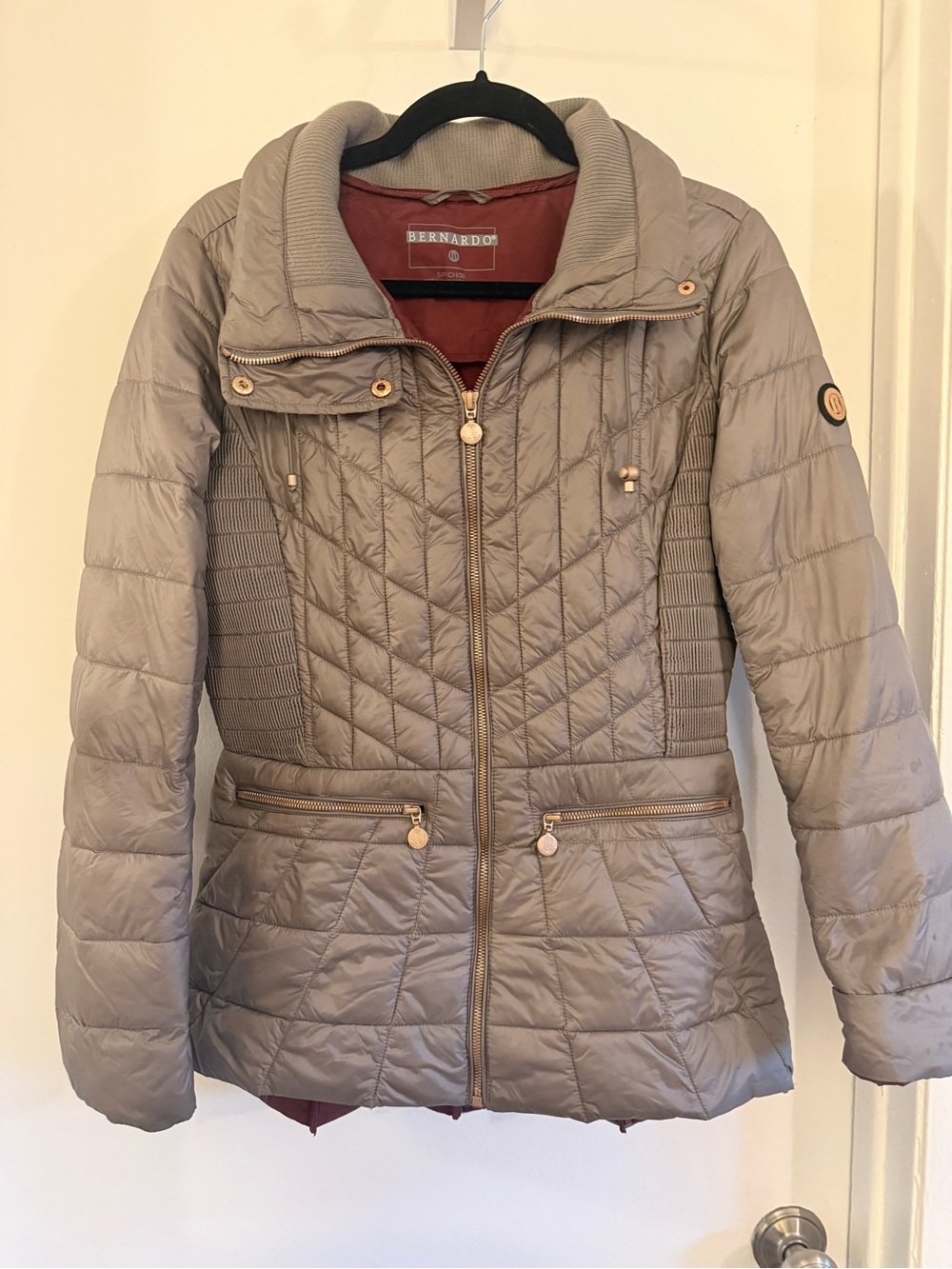 Bernardo Quilted Taupe Puffer Jacket with Knit Panels S